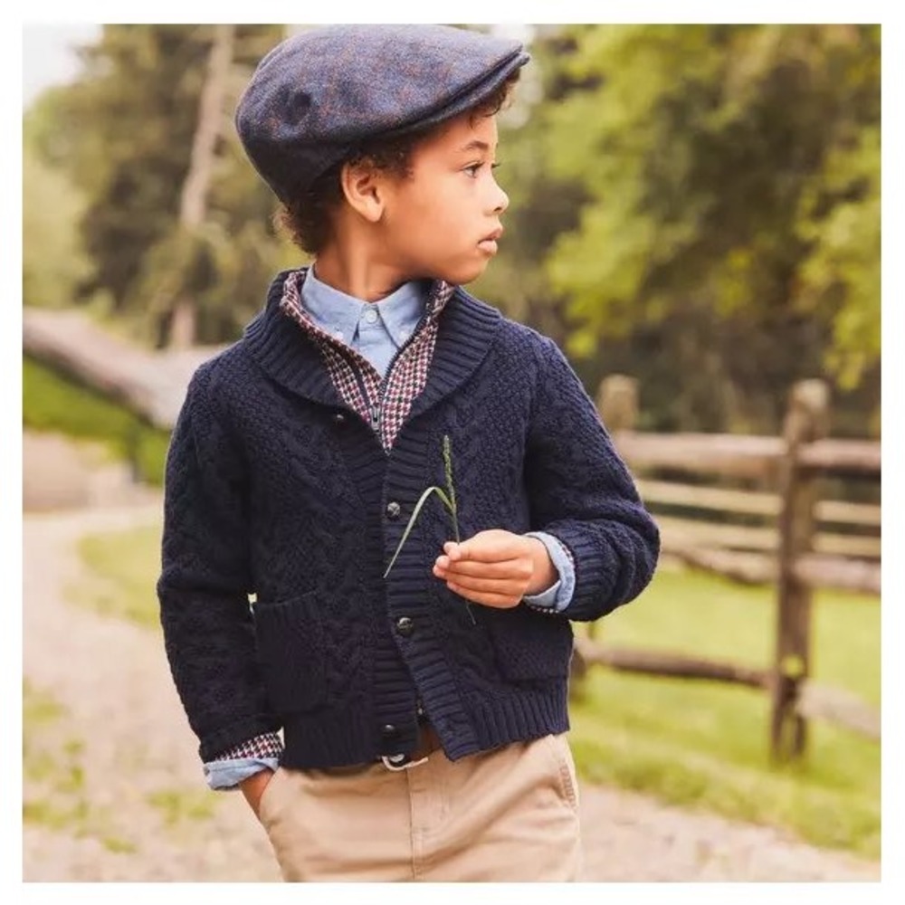 Janie and Jack Boys 8 Cable Shawl Collar Cardigan Navy Blue Sweater Wool Preppy